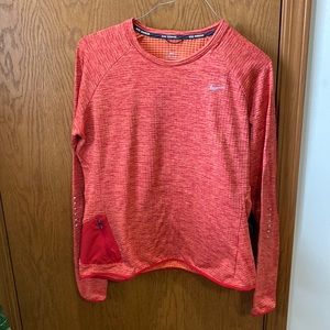 NIKE RUNNING dri-fit shirt top red-orange thumb holes zipper pocket L